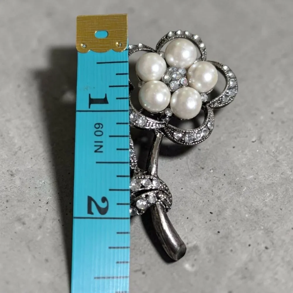Pearl Rhinestone Flower Brooch, Silver Tone Floral Pin, Cottagecore Jewelry
